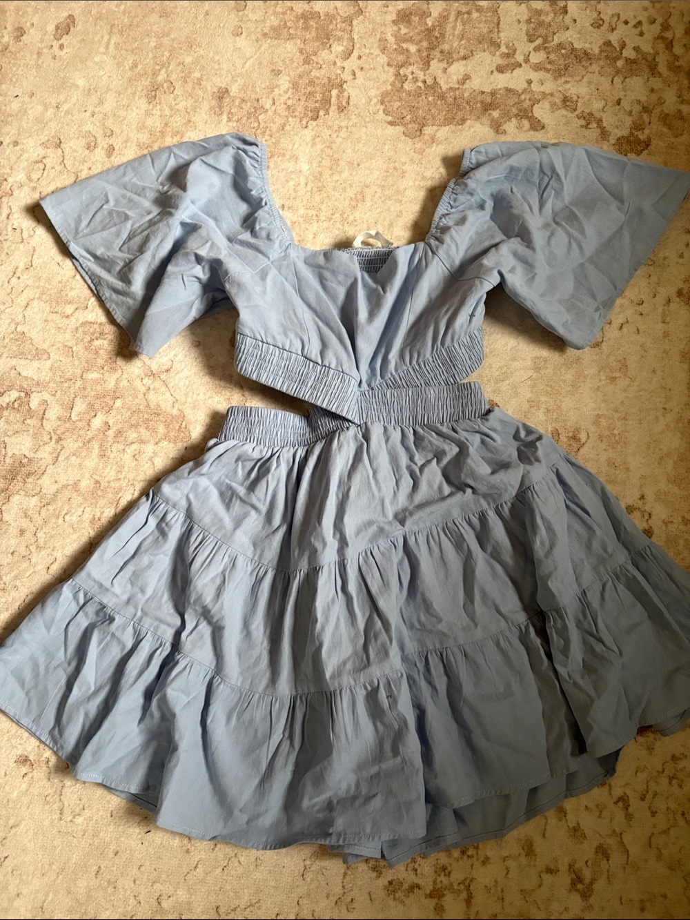 Light Blue Mini Dress with Puff Sleeves and Cutout Waist